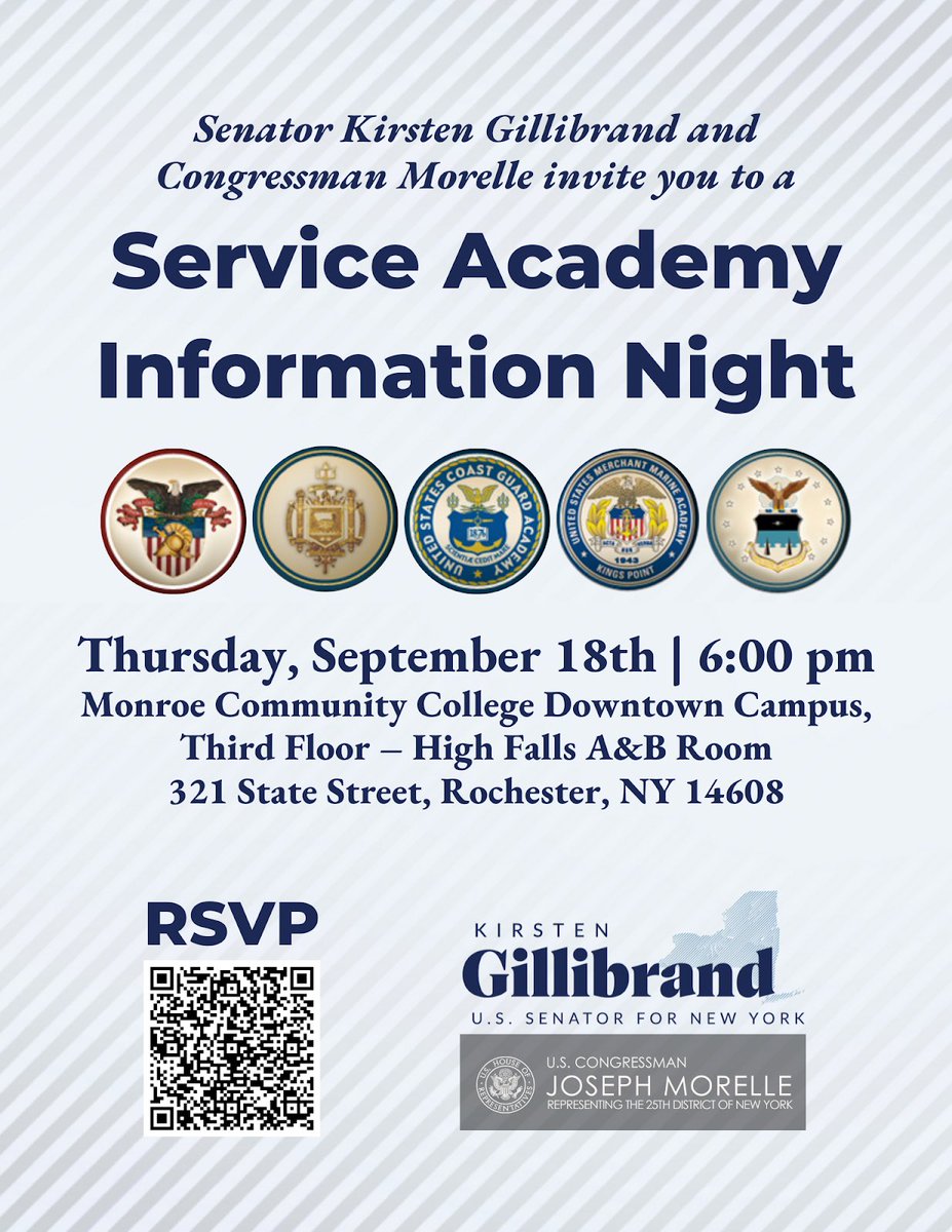 RepJoeMorelle's tweet photo. Are you a high school student interested in applying to one of our nation’s prestigious military academies?

I invite you to attend our Service Academy Information Night, Thursday, September 18th at 6pm.

Registration is required: https://t.co/jl14n36ajE
