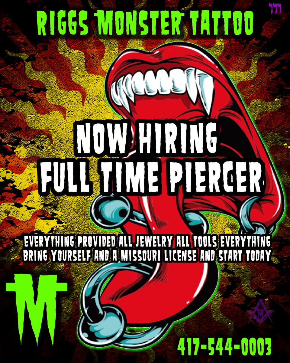 Now hiring full time body piercer . 
Private piercing room and all supplies and jewelry provided . 
Just bring yourself and a Missouri piercing license and start making money today ! 
DM us anytime !