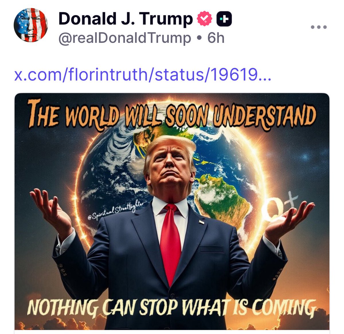 🚨🚨🚨#عاجل 
#ترامب يقطع إجازة نهاية الأسبوع ويعود للبيت الأبيض من اجل احلال السلام في العالم... حتى ظهوره السبت كان لا يريده لينفي شائعات وفاته لأن لديه شيء اهم يعمل عليه مع مساعديه.

اليوم فقط اعاد نشر هذه الصورة التي تقول:

العالم سيفهم قريبا ما يحدث ولا شيء قادر على منع ذلك