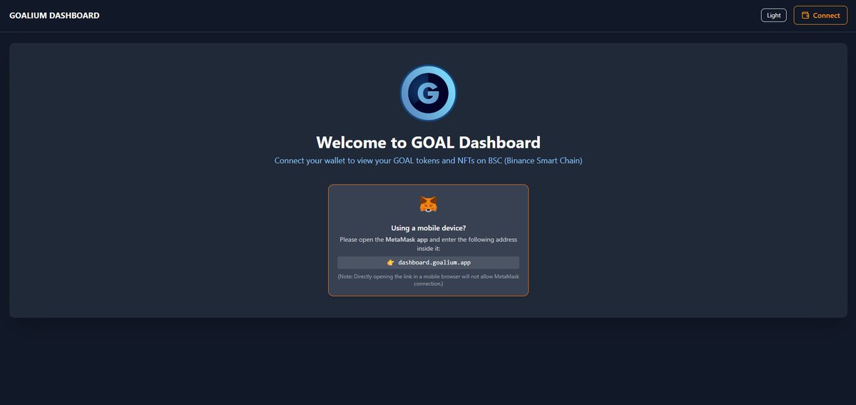 GoaliumProject's tweet photo. 🚀 The GOALIUM Dashboard is live!

Now you can check your GOAL token balances and NFTs directly on our BSC Mainnet Dashboard.

🔗 https://t.co/jR05622Yat

💡 Simply connect your MetaMask wallet to see your assets in real time.

#GOAL #BSC #NFT #CryptoGoal #Blockchain https://t.co/cPfiLAIU3m