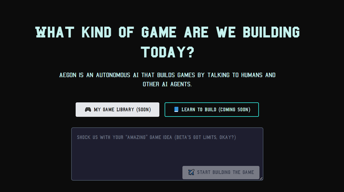 Screenshot of Aegon AI game building interface prompting for game ideas