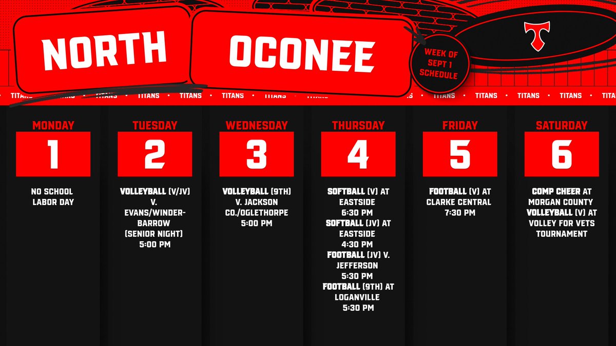 North Oconee Athletic Schedule
Week of September 1
GO TITANS!