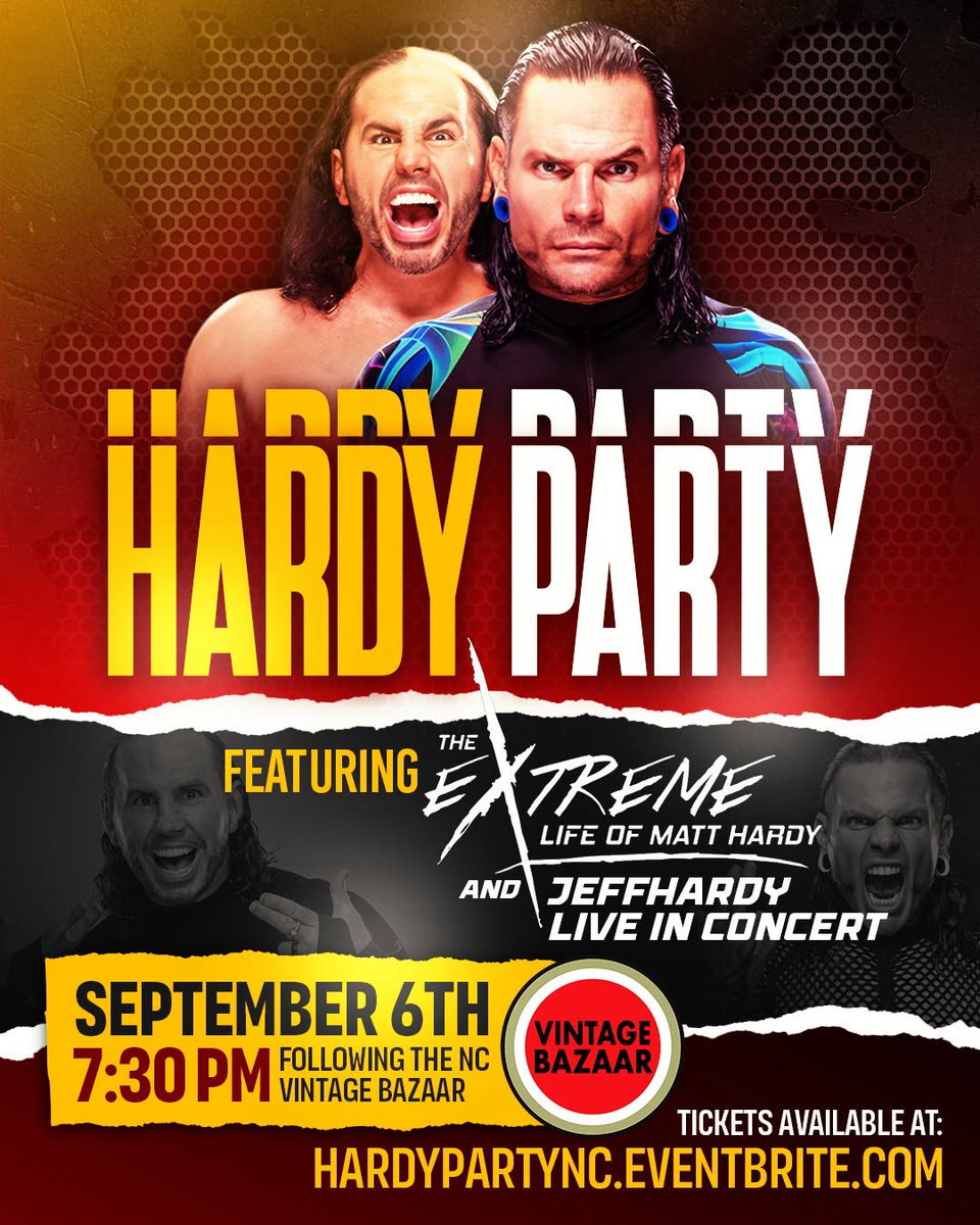 MATTHARDYBRAND's tweet photo. NORTH CAROLINA… The Hardy Boyz are throwing a HARDY PARTY this weekend at NC Vintage Bazaar at the NC Fairground’s Expo Center in Raleigh! We’re doing a MEET, GREET and DELETE on Saturday & Sunday & HARDY PARTY Sat night. It’s a LIVE #ExtremeLife of @MattHardyPod & a LIVE @jeffhardybrand acoustic concert! Two events for the price of one - Don’t miss out!