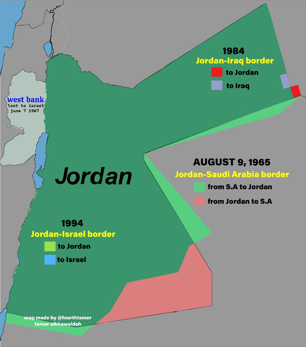 حدود الأردن 1965-1994 بعد الترسيم مع السعودية والعراق وإسرائيل