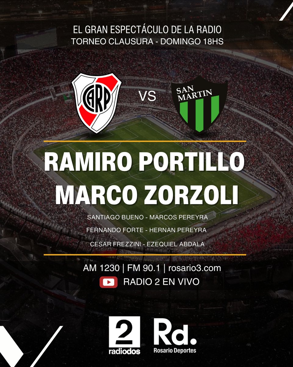 #TorneoClausura

🔛Seguimos en el gran espectáculo
de la radio.

#River 🆚 #SanMartindeSanJuan

🗣️Lo relata <a href="/ramaportillo/">Rama Portillo</a> 

 📻AM 1230 | FM 90.1🔴YouTube: Radio2 en VIVO
youtube.com/watch?v=T4Ev5Z…