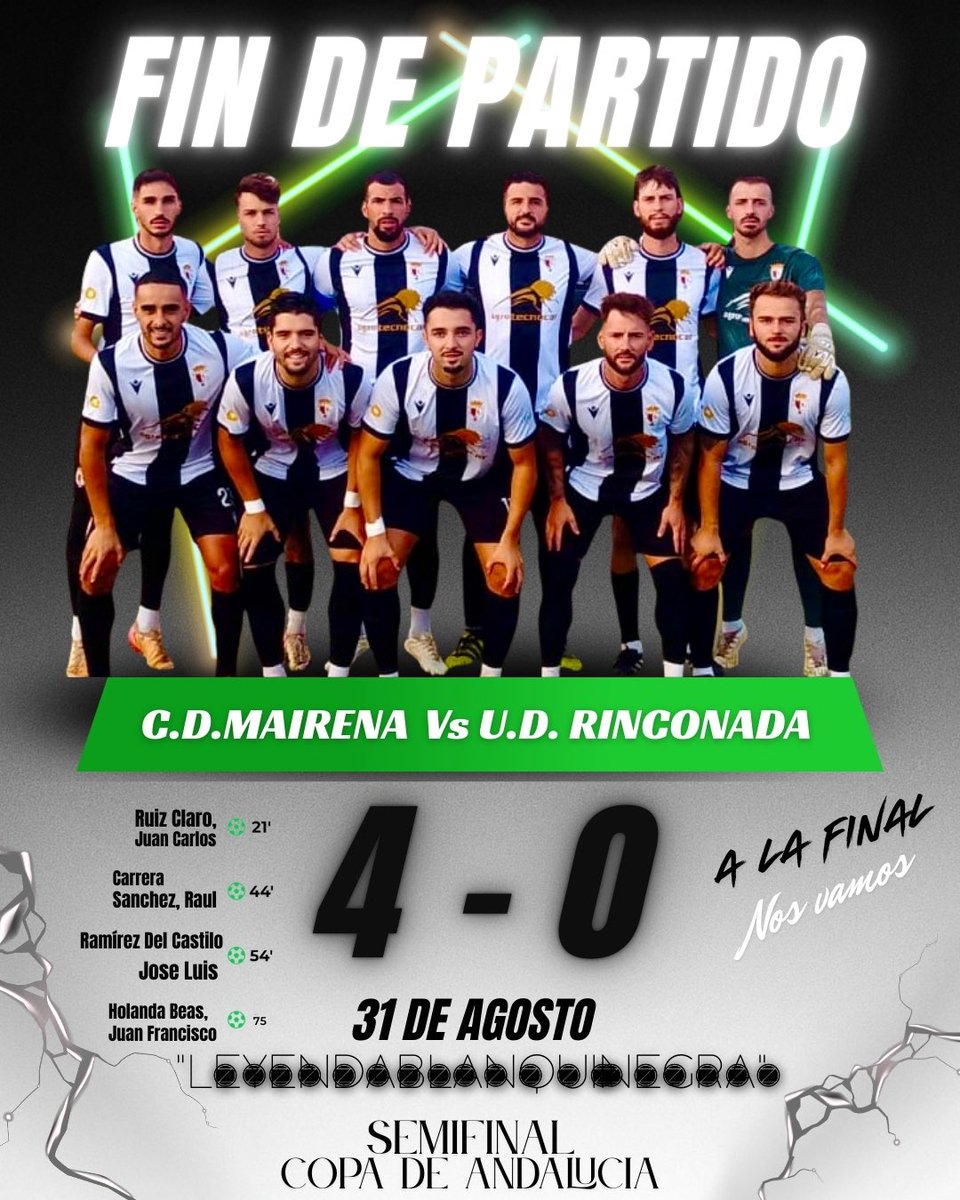 CDMairena1922's tweet photo. 🔥 HISTÓRICO 🔥
El C.D. MAIRENA arrasa 4️⃣-0️⃣ al U.D. Rinconada y se mete en la FINAL 🦁⚽
Orgullo, entrega y fútbol del más alto nivel.
🖤🤍 ¡Vamos a por la gloria!

#VamosMairena #OrgulloAlcoreño #CopaDeAndalucía https://t.co/G4LplUQp6M