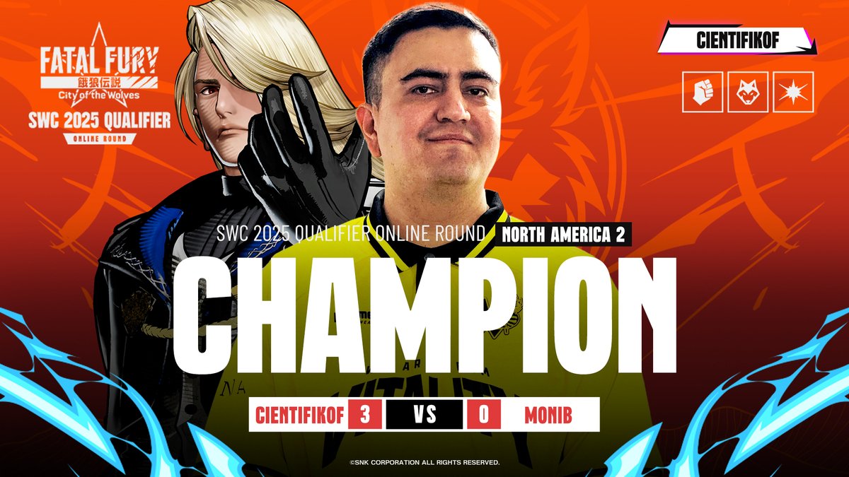 SNK esports official (@snk_esports_hub) on Twitter photo 🏆CientifiKOF has secured their place at the SNK World Championship 2025 in @Dreamhack, Atlanta! 🏆
Respect as well to the TOP 8:
🥇 <a href="/CientifiKOF/">VIT | CientifiKOF 🔜 EVO France 2025</a>
🥈 Monib
🥉 <a href="/EcYurikov/">S8UL | Yurikov</a>
🏅 CoreValues
🏅 <a href="/dentei3/">TXC UF Daddy Dentei</a>
🏅 <a href="/ReynaldJT/">AG | AS | Reynald</a>
🏅 <a href="/yoanp5/">Yan PNL</a>
🏅 <a href="/AlexSmithFGC/">Alex Smith</a>
#SWCOnlineQualifier #FatalFury #CotW 🏆CientifiKOF has secured their place at the SNK World Championship 2025 in @Dreamhack, Atlanta! 🏆
Respect as well to the TOP 8:
🥇 <a href="/CientifiKOF/">VIT | CientifiKOF 🔜 EVO France 2025</a>
🥈 Monib
🥉 <a href="/EcYurikov/">S8UL | Yurikov</a>
🏅 CoreValues
🏅 <a href="/dentei3/">TXC UF Daddy Dentei</a>
🏅 <a href="/ReynaldJT/">AG | AS | Reynald</a>
🏅 <a href="/yoanp5/">Yan PNL</a>
🏅 <a href="/AlexSmithFGC/">Alex Smith</a>
#SWCOnlineQualifier #FatalFury #CotW