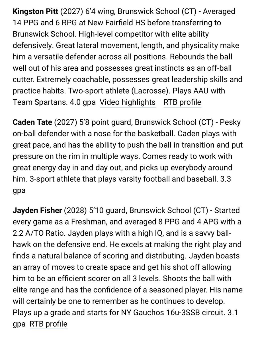 Brunswick School Player Profiles and Open Gym Schedule