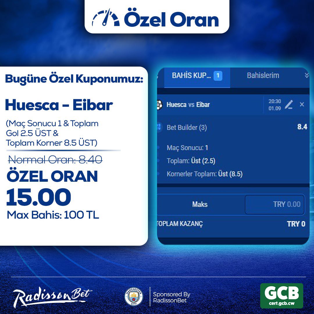 8️⃣Radisson Paylaşıyor #8 - ÖZEL ORAN

💵 Max Bahis: 100 TL
💵 Maks. Kazanç: ₺1.500
🆓 Katılım ÜCRETSİZ!

🔥 Bugüne Özel Kupon
⚔️ Huesca - Eibar
🎲 MS 1
🎲 2.5 ÜST
🎲 8.5 Korner ÜST

🔥 Normal Oran: 8.40
🔥 Özel Oran: 15.00
📝 Kupon Kodu: #6375

radgit.com/sosyall