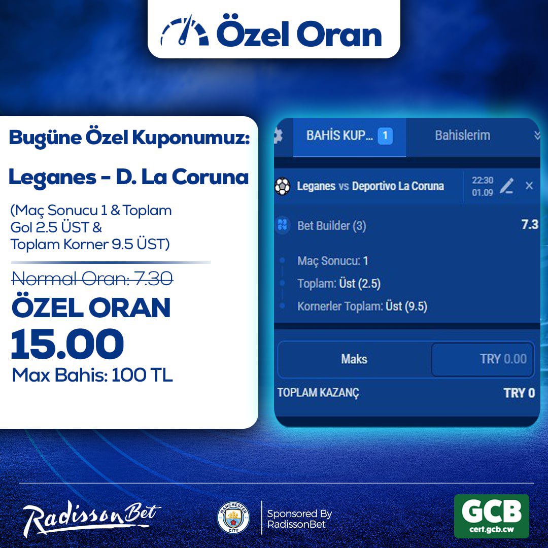 9️⃣Radisson Paylaşıyor #9 - ÖZEL ORAN

💵 Max Bahis: 100 TL
💵 Maks. Kazanç: ₺1.500
🆓 Katılım ÜCRETSİZ!

⚔️ Leganes - Deportivo La Coruna
🎲 MS 1
🎲 2.5 ÜST
🎲 9.5 Korner ÜST

🔥 Normal Oran: 7.30
🔥 Özel Oran: 15.00
📝 Kupon Kodu: #10596

radgit.com/sosyall