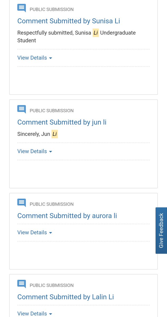 Screenshot of public submission by Sunisa Li on Federal Register