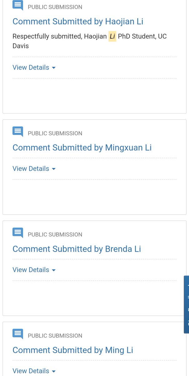 Screenshot of public submission by Jun Li on Federal Register