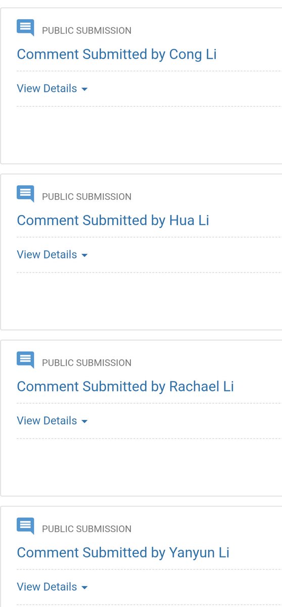 Screenshot of public submission by Aurora Li on Federal Register