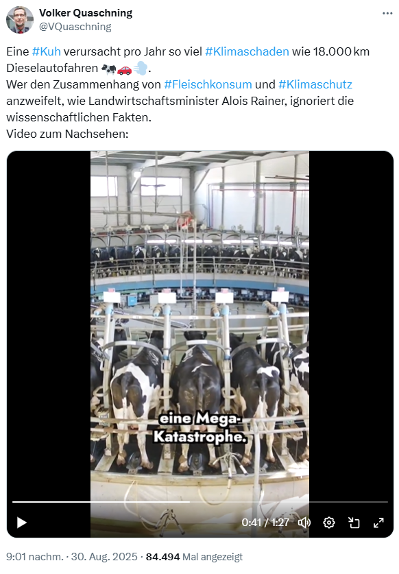 Klimaprediger Quaschning wieder mal ganz in seinem Element: Die Kuh als Klimaschädling, esst bloß kein Fleisch mehr!🤪