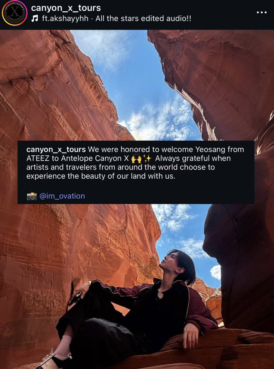 Canyon X Tours, a native american family owned tour guide business, posted on instagram thanking Yeosang for touring Antelope Canyon with them while he spent time in Arizona. ❤️

#ATEEZ #에이티즈 #Yeosang
instagram.com/p/DNzJKdk3ihw/…