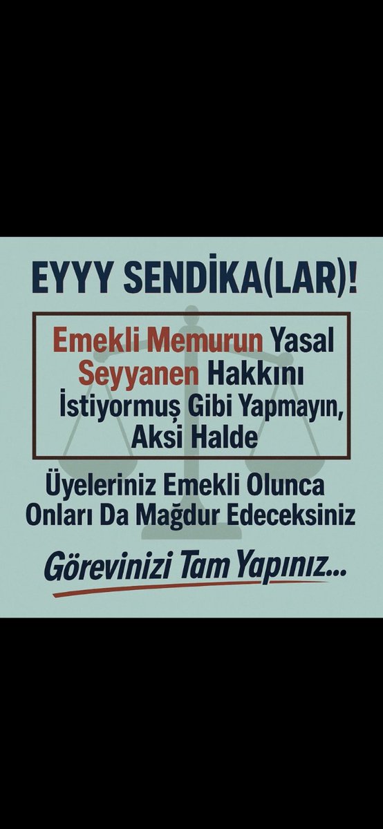 #EmekliMemur yasal hakkı olan ve Cumhurbaşkanının söz vermesine rağmen 375/40 KHK ile 28 aydır gasp edilen seyyanen zam sözünün yerine getirilmesini bekliyor... #MemurEmeklisineAdalet  <a href="/iletisim/">T.C. İletişim Başkanlığı</a> <a href="/Akparti/">AK Parti</a> <a href="/MHP_Bilgi/">MHP</a> <a href="/herkesicinCHP/">CHP 🇹🇷</a> <a href="/iyi_parti2025/">Son Kale İYİ Parti ☀️</a> <a href="/zaferpartisi/">Zafer Partisi</a>