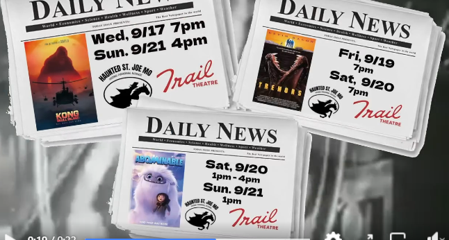 hauntedstjoemo's tweet photo. Check out all of the great movies playing at the Trail Theatre during Cryptid Camp this September! https://t.co/1zg02ni9Z9