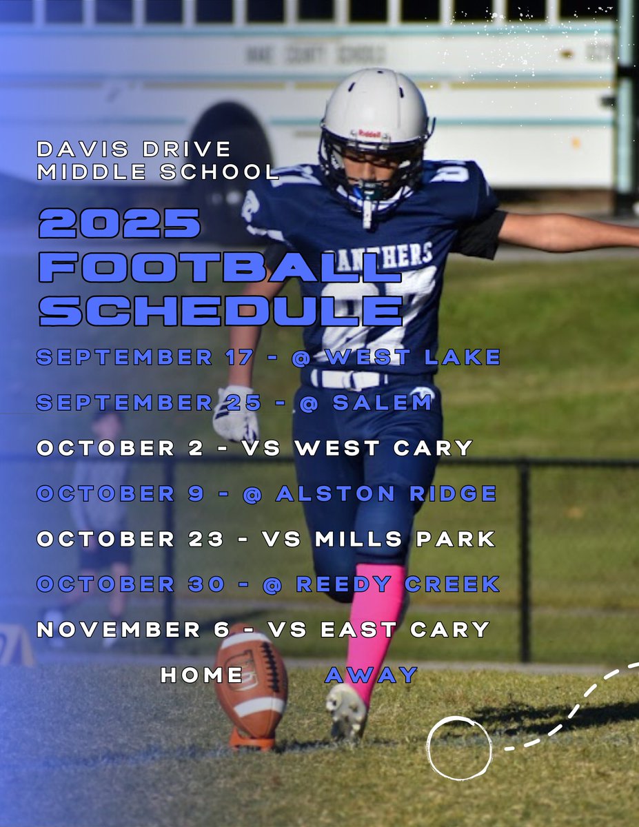 DDMS_Athletics's tweet photo. Fall 2025 Sports Schedule
Panther Nation—it’s game time! This fall, we’re bringing the energy with Cheerleading, Football, Girls Soccer, and Volleyball. Mark your calendars and come pack the stands. Let’s make this a season to remember! 🐾💙
#PantherPride #FallSports #GoPanthers https://t.co/HT0JMTSNKF