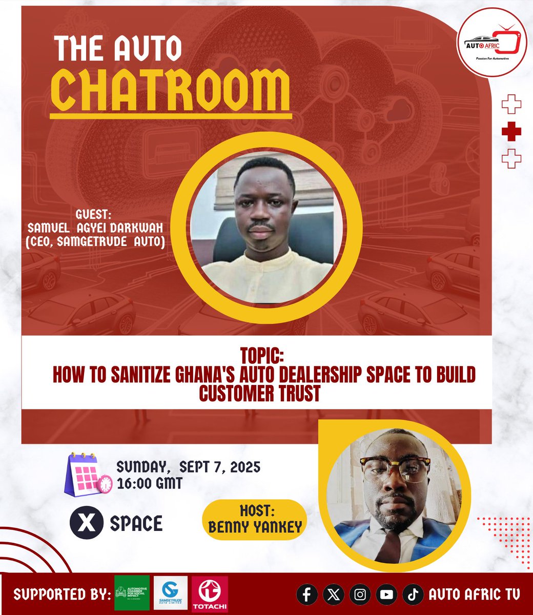 Auto_Forum_TV's tweet photo. 🚗💥 Tired of shady deals and hidden pitfalls in Ghana's auto market? Join us on The Auto CHATROOM on Auto Afric TV as we dive deep into sanitizing the dealership space—tackling fraud, enforcing transparency, and rebuilding unbreakable customer trust!
#AutoCHATROOM #AutoAfricTV https://t.co/5Baq1TppvT