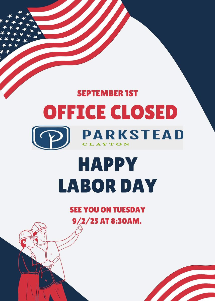 Our Leasing Office will be closed in honor of Labor Day. We will open with normal hours on Tuesday at 8:30am. 

We want to wish everyone and very Happy Labor Day.