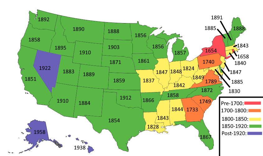 When did US states get their first synagogues?