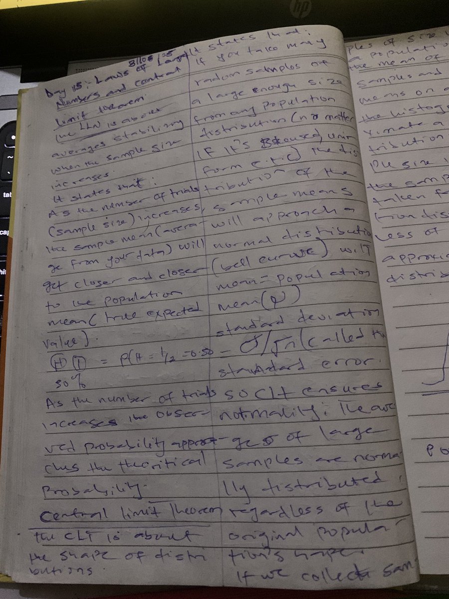 PromiseNwankw14's tweet image. 📘 Day 15: AI/ML Journey
🔹 Math → Probability & Statistics
• LLN → sample mean → true mean as trials ↑
• CLT → sample means ≈ Normal distribution 📊
These are the backbone of statistical inference in ML. Step by step 🚀
#AI 
#MachineLearning 
#MathForAI 
 #MumInTech