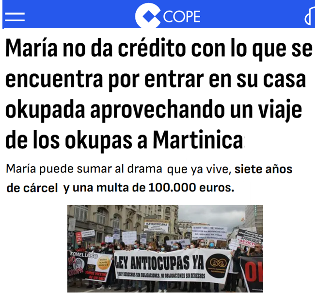 -Unos okupas supuestamente vulnerables se van de vacaciones a Martinica, en el Caribe.

-La propietaria se entera y logra entrar en su vivienda.

-Denuncian a la propietaria por entrar en su casa sin el permiso de los okupas y le podrían caer 7 años de cárcel.

Repugnantes leyes.