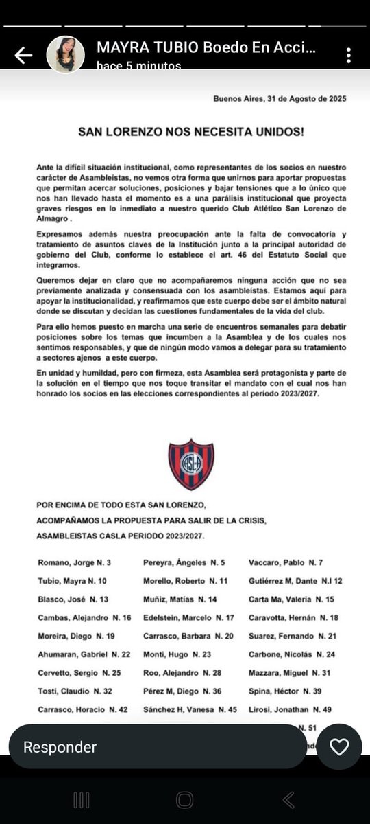 ➡️ El bloque que responde en asamblea a  <a href="/morettimarcelo/">Marcelo Moretti</a> pide unidad en CASLA.
➡️ Ante una posible acefalia confirman  tener 30 votos que apoyan al presidente y piden institucionalidad.
➡️ En la nota se encuentran los firmantes responsables
