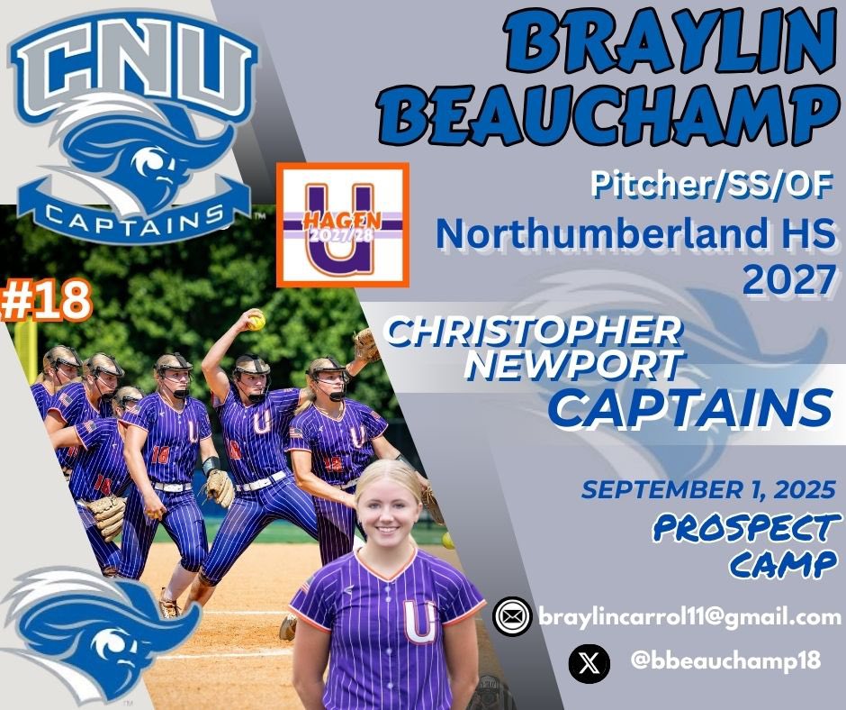 Unity_Hagen2027/28 (@unity_hagen2728) on Twitter photo 🚨 Camp Alert ‼️ <a href="/bbeauchamp18/">Braylin Beauchamp</a> is heading to work out with <a href="/CNUSoftball/">CNU Softball- 2022 National Champions</a> tomorrow. Have a great time and show off what you can do! <a href="/CoachKeithParr/">Keith Parr</a> <a href="/CoachMSmith8/">Morgan Smith</a> <a href="/WayneoVick/">Wayne Vick</a> 🚨 Camp Alert ‼️ <a href="/bbeauchamp18/">Braylin Beauchamp</a> is heading to work out with <a href="/CNUSoftball/">CNU Softball- 2022 National Champions</a> tomorrow. Have a great time and show off what you can do! <a href="/CoachKeithParr/">Keith Parr</a> <a href="/CoachMSmith8/">Morgan Smith</a> <a href="/WayneoVick/">Wayne Vick</a>