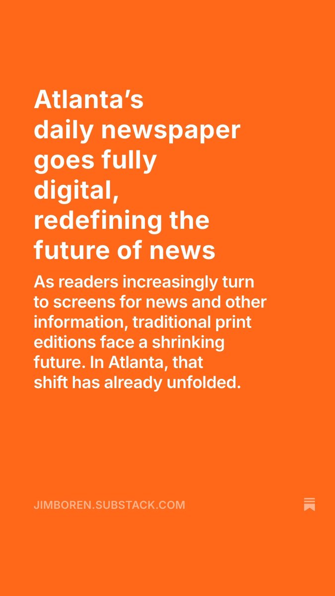 Jim Boren (@jboren4507) on Twitter photo In Atlanta, the city’s major newspaper is making a bold move by phasing out print entirely and going fully digital to deliver news to meet today’s readers where they are. jimboren.substack.com/p/atlantas-dai… <a href="/ajc/">Atlanta Journal-Constitution</a> In Atlanta, the city’s major newspaper is making a bold move by phasing out print entirely and going fully digital to deliver news to meet today’s readers where they are. jimboren.substack.com/p/atlantas-dai… <a href="/ajc/">Atlanta Journal-Constitution</a>