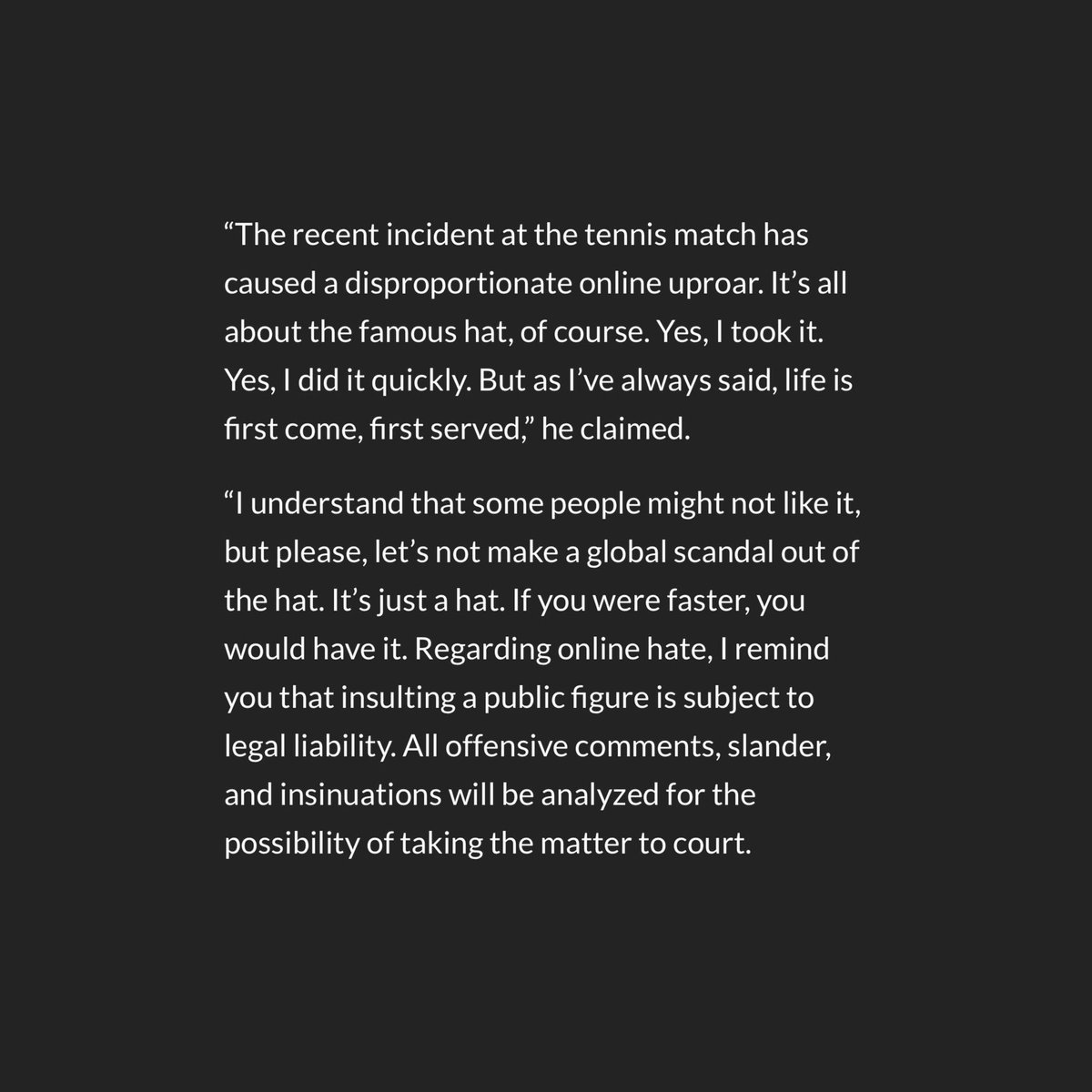 StoolTennis's tweet photo. Response from the Polish millionaire CEO who stole the hat from that kid: https://t.co/HX40IWsBXU