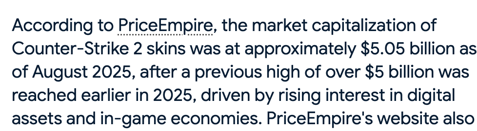 The marketcap of Counter Strike 2 skins--which reside on a centralized server and can be taken out at will by Valve for any reason whatsoever--is over $5B, more than twice the marketcap of punks.

Higher. Much higher.