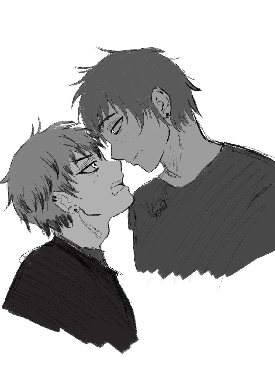 420sorcerer's tweet image. Naoya finally kisses his boyfriend after 5 years.🩸🚬

I hope everyone is super hype about season 3 like I am! 
-
art by @/deadformat_