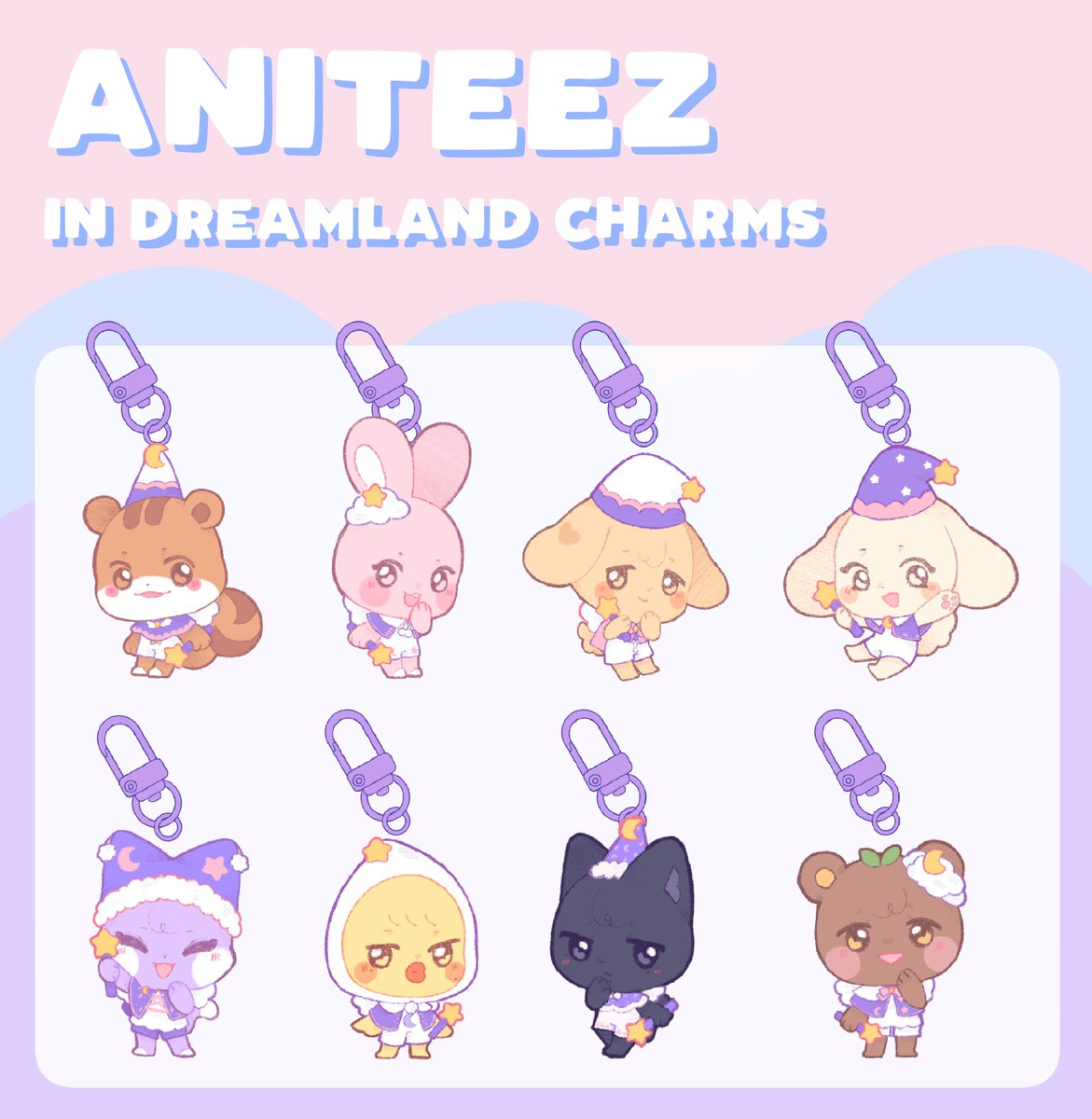 ATINY! 

my ANITEEZ in dream land acrylic charms are here 💫

pre-0rder is now live!