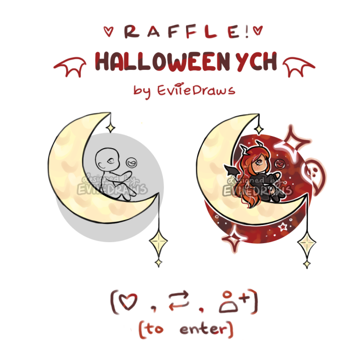 🪄 YCH art raffle! ❤️

Hosting an #artraffle! &lt;3 You could win your very own HALLOWEEN moon cheeb 🌙

To enter:

👻 Follow / be a follower 
💜 Like &amp; repost
🎃 Comment your ref (opt)

1 winner! Ends on September 8th, good luck! ♡