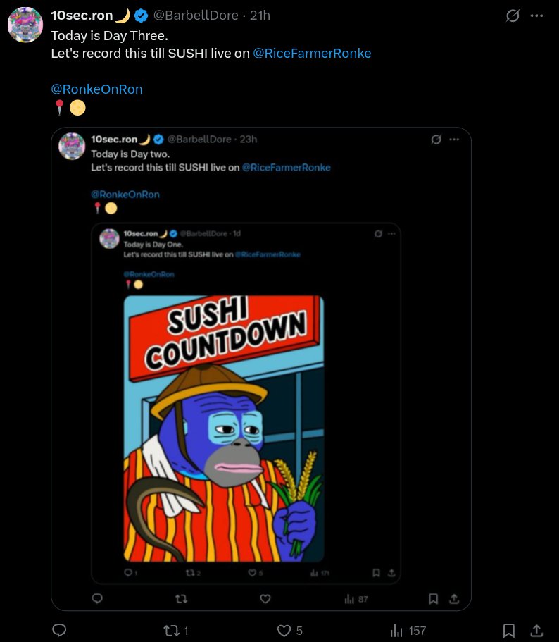 Today is day Four.
Let's record this till SUSHI live on <a href="/RiceFarmerRonke/">Ronke Rice Farmers</a> 

<a href="/RonkeOnRon/">Ronin Monke</a> 
📍🌕