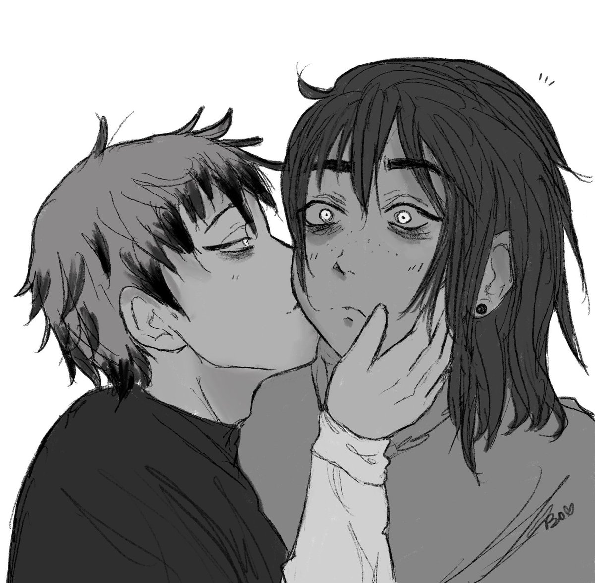 420sorcerer's tweet image. Naoya finally kisses his boyfriend after 5 years.🩸🚬

I hope everyone is super hype about season 3 like I am! 
-
art by @/deadformat_