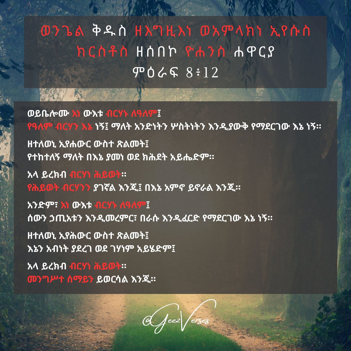 ወንጌል ቅዱስ ዘእግዚእነ ወአምላክነ ኢየሱስ ክርስቶስ ዘሰበኮ ዮሐንስ ሐዋርያ
ምዕራፍ 8፥12