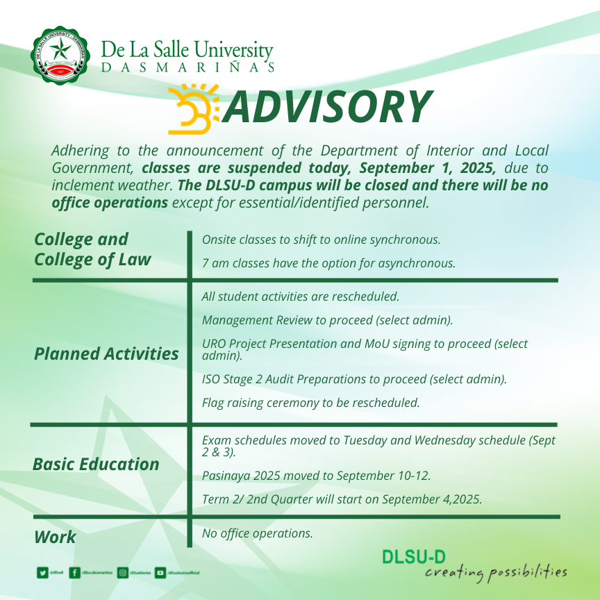 Adhering to the announcement of the Department of Interior and Local Government, 𝐜𝐥𝐚𝐬𝐬𝐞𝐬 𝐚𝐫𝐞 𝐬𝐮𝐬𝐩𝐞𝐧𝐝𝐞𝐝 𝐭𝐨𝐝𝐚𝐲, 𝐒𝐞𝐩𝐭𝐞𝐦𝐛𝐞𝐫 𝟏, 𝟐𝟎𝟐𝟓, due to inclement weather.