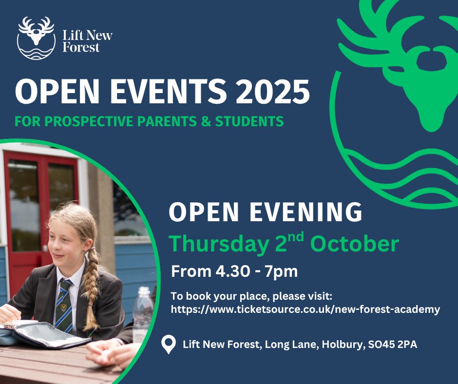 ✅ Exceptional 2025–26 results
✅ A supportive, inclusive community

📅 Visit our Open Evening - Thursday 2nd October 2025 | ⏰ 4:30–7:00pm

🎟️ Reserve your place: ticketsource.co.uk/new-forest-aca…
#LiftNewForest #LiftSchools #OpenEvening2025