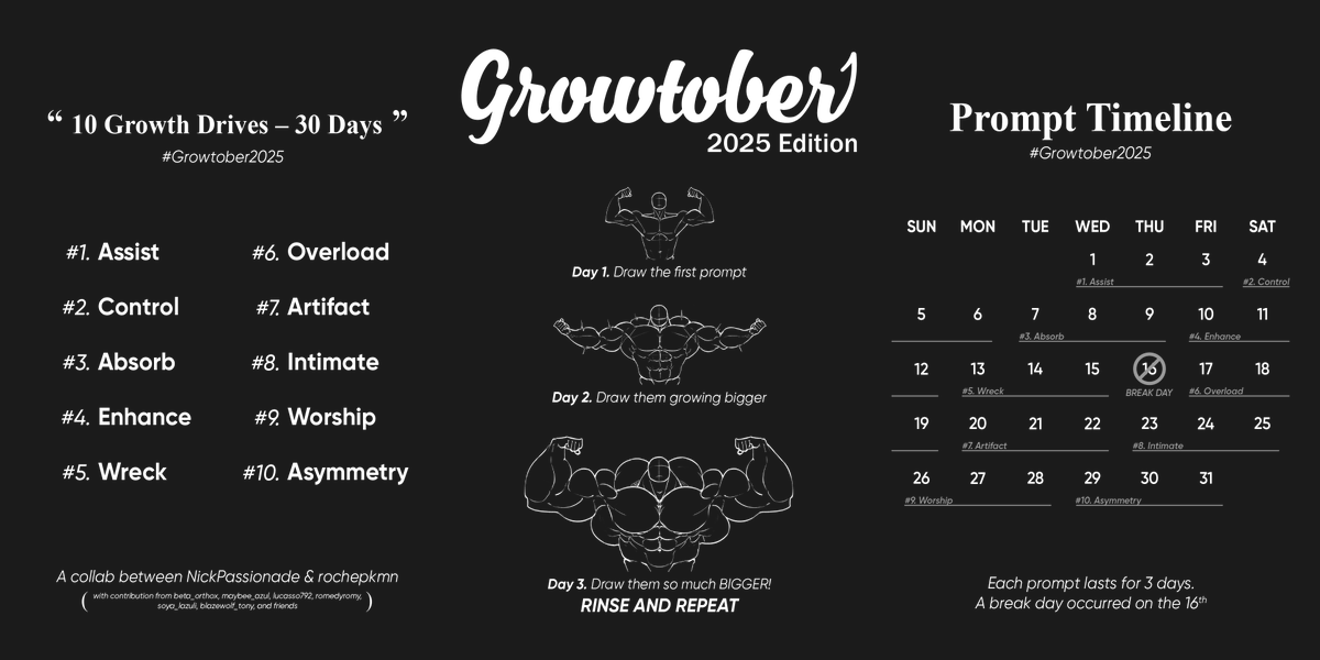 PeleChanhVang's tweet photo. Growtober2025 ANNOUNCEMENT
Prepare for the upcoming Growtober2025, with a new TWIST!
Before there are 30 prompts, we narrowed down to 10 with each lasts for 3 days, so you can "expand" on your idea >:3c
#Growtober2025 - collab of @rochepkmn and me https://t.co/GsYpbp4OD4
