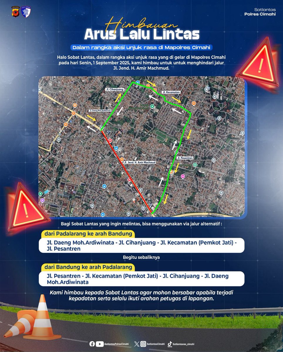 Cimtizen, apabila hari ini Senin (1/9/25) terjadi aksi unjuk rasa di sekitar Mapolres Cimahi, jalur Jl. Jenderal Amir Machmud diprediksi akan mengalami kepadatan lalu lintas.