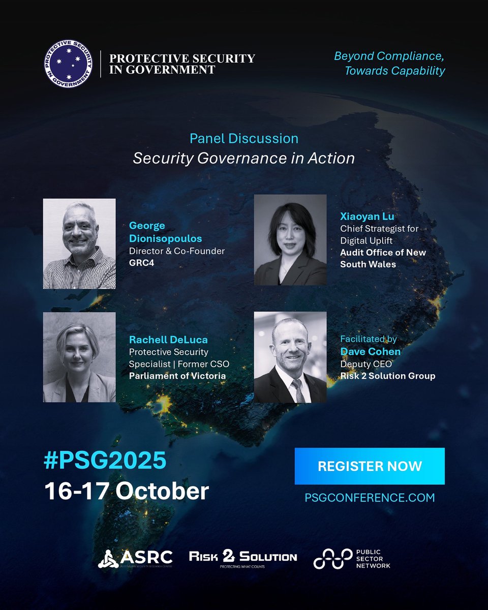 psgconference's tweet photo. 🎙️What does good security governance look like in practice?

At #PSG2025, join George, Xiaoyuan &amp; Rachell for a powerful panel on embedding governance into the heart of protective security.

🎟️ Register now: https://t.co/aku0ZYA0wG

#ProtectiveSecurity #Leadership #AUKUS https://t.co/70SsK8RGtM