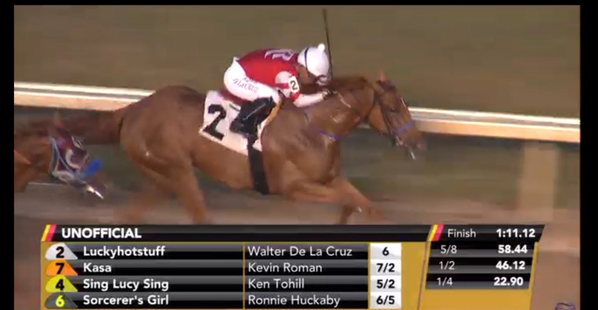 Luckyhotstuff gets home first.  
Thanks, Martinez Racing 
<a href="/prmracing/">Prairie Meadows</a>