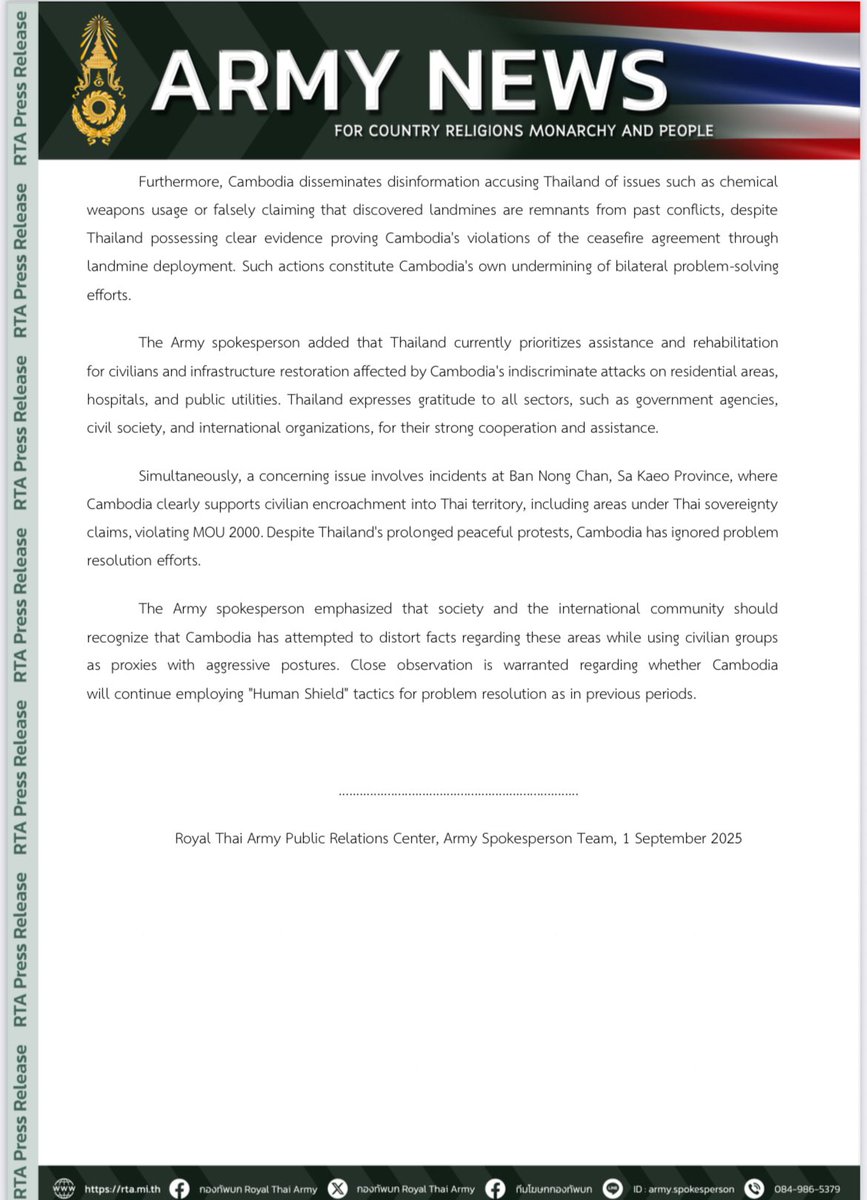 🇹🇭💂‍♀️ The Royal Thai Army Disputes Cambodian Statement, Reaffirms Thailand's Commitment to Ceasefire Agreement and International Law, While Continuing Assistance to Civilians Affected by Cambodian Weapons

facebook.com/share/1695YvdQ…