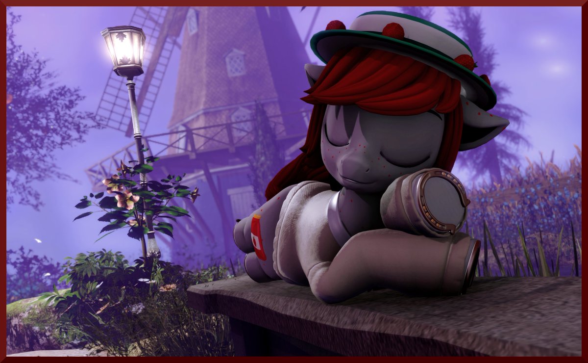 The fog is rolling in around the mill and it's just so cool and cozy after all those hot days lately. Jammy decided to lay down for a quick snooze! 🍓💜

#MLP #SFW #Secondlife #Pony #Popen #Femcolt #Strawberry #Nap #Snooze #Nature #Aesthetic #mlptwt