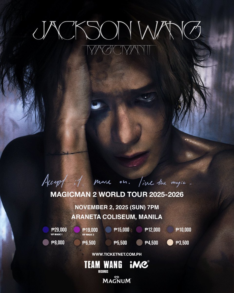 TICKET ON SALE NOW🔥 
JACKSON WANG MAGICMAN 2 WORLD TOUR 2025 in Manila

<a href="/JacksonWang852/">Jackson Wang</a>

Date: 2025/11/02
Venue: Araneta Coliseum

Get your tickets👇
 ticketnet.com.ph/event-detail/J…

#MAGICMAN2WORLDTOUR 
#JACKSONWANGWORLDTOUR 
#MAGICMAN2
#JACKSONWANG
#王嘉尔
#잭슨