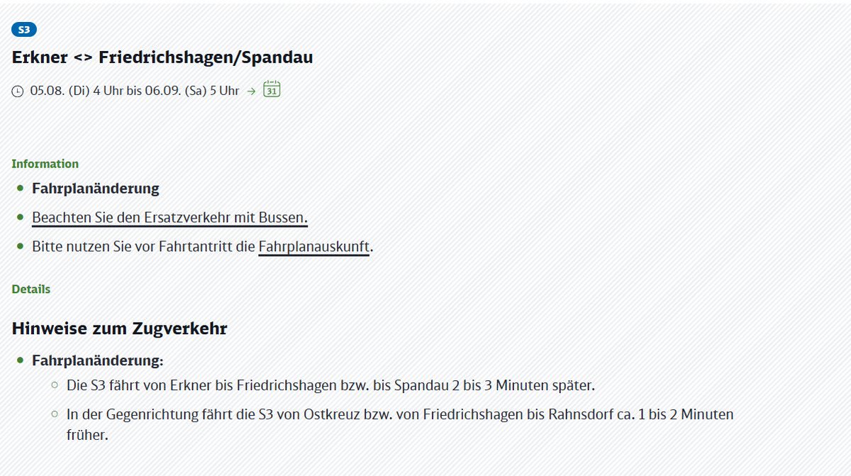 #S3 Noch durchgehend bis zum 06.09. (Sa), ca. 05:00 Uhr entfällt der Halt #Hirschgarten. Ein Ersatzverkehr mit Bussen wurde zwischen Hirschgarten und #Köpenick eingerichtet. Bitte beachtet auch die Takt- sowie die Fahrplanänderungen. Infos:  sbahn.berlin/fahren/bauen-s…