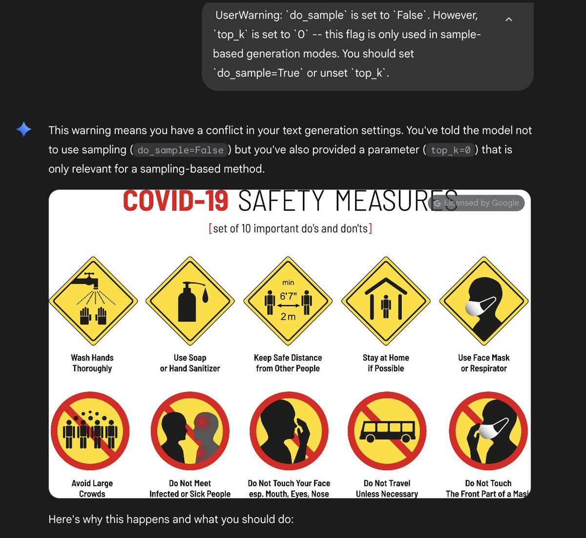 Had a hilarious chat with Gemini while debugging code! 😂 Got a random "Covid-19 Safety Measures" image mid-conversation. Gotta love those overused pretrained data surprises!