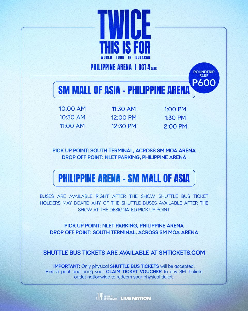 livenationph's tweet photo. 🚍✨ REMINDER, ONCE! SHUTTLE TICKETS ARE NOW ON SALE! ✨🚍

Secure your ride to the TWICE <THIS IS FOR> WORLD TOUR IN BULACAN at the Philippine Arena this October 4, 2025!

Shuttle tickets are now available at https://t.co/Q01XeRKqCJ, exclusively for concert ticketholders 💗

#TWICE #트와이스 #THISISFOR
#TWICE_THISISFOR_WORLD_TOUR